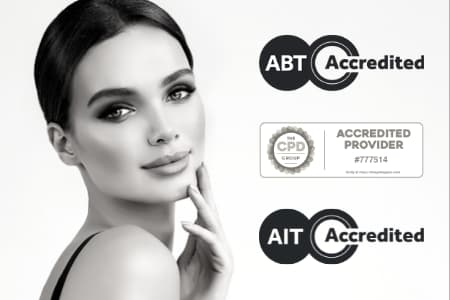 A woman with clear skin and her eyebrows, nails and lashes done next to ABT accreditation logo, AIT accreditation logo and CPD accreditation logo.